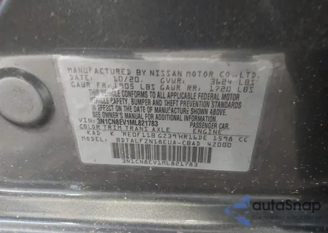 2021 Nissan Versa Sv Xtronic Cvt из США, поврежденный, VIN 3N1CN8EV1ML821783